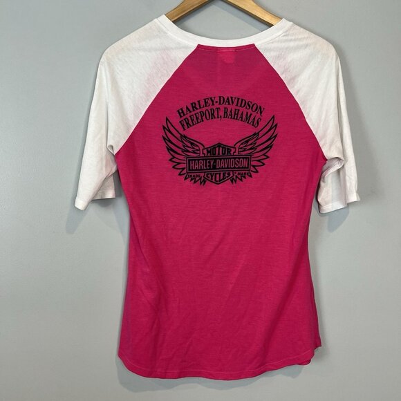 Harley Davidson Ringer T Shirt Women's Size Medium Freeport Bahamas Pink V Neck - Picture 2 of 8